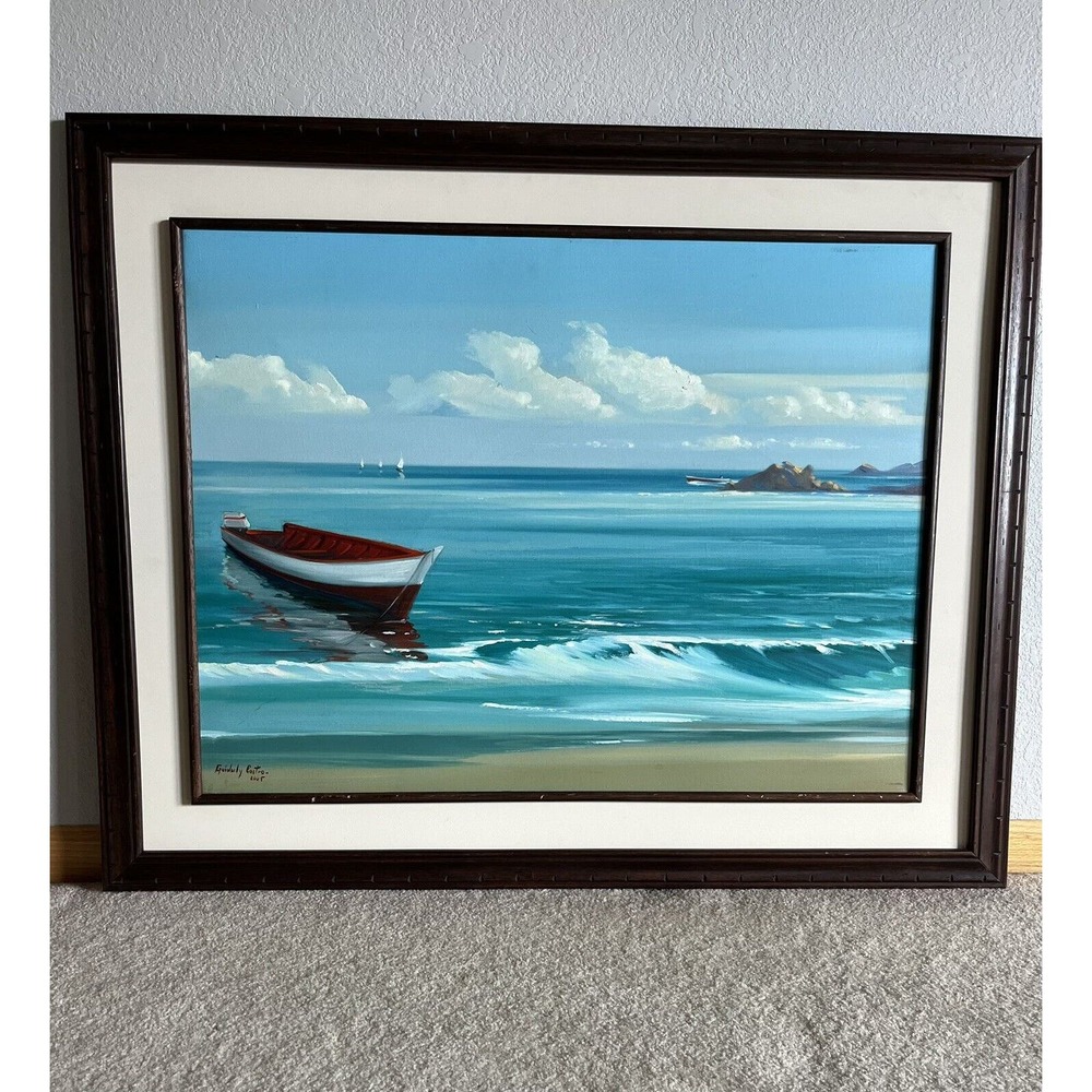 2005 Guidlay Castro Original Oil Painting “Obra Marina” Red Boat Ocean 60x80cm